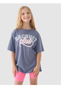 4f - 4F T-shirt z nadrukiem dziewczęcy - granatowy 158 (12-13 lat). Okazja: na co dzień. Kolor: niebieski. Materiał: bawełna, jersey, dzianina. Długość rękawa: krótki rękaw. Długość: krótkie. Wzór: nadruk. Sezon: lato. Styl: sportowy, klasyczny, casual