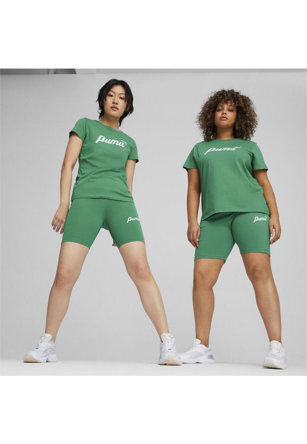 Koszulka Sportowa Damska Puma Ess+ Script. Kolor: zielony. Materiał: bawełna. Wzór: aplikacja