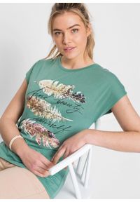 bonprix - T-shirt z brokatowym nadrukiem. Kolor: zielony. Wzór: nadruk #3
