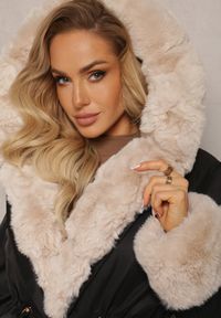 Renee - Czarno-Beżowa Kurtka Parka z Paskiem w Talii i Kapturem z Futerkiem Hizontia. Okazja: na spacer. Typ kołnierza: golf. Kolor: czarny. Materiał: futro #4