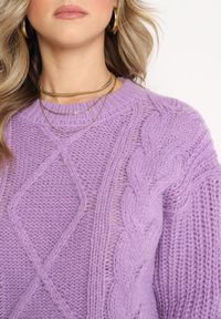 Born2be - Fioletowy Jednolity Sweter ze Ściągaczami i Klasycznym Splotem Loma. Kolor: fioletowy. Długość rękawa: długi rękaw. Długość: długie. Wzór: ze splotem, jednolity. Styl: klasyczny #2