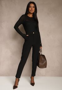 Renee - Czarne Spodnie z Kantem i Imitacją Kieszeni Rearie. Okazja: na co dzień. Kolekcja: plus size. Kolor: czarny. Styl: casual, elegancki