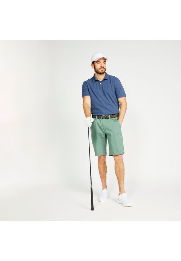 INESIS - Koszulka polo do golfa z krótkim rękawem męska Inesis MW500. Typ kołnierza: golf, polo. Kolor: niebieski. Materiał: bawełna, materiał, poliester. Długość rękawa: krótki rękaw. Długość: krótkie. Wzór: ze splotem. Styl: sportowy, klasyczny