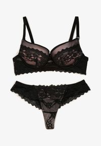 Renee - Czarno-Różowy Koronkowy Komplet Bielizny Biustonosz Usztywniony Push Up i Stringi Jasminesa. Kolor: czarny. Materiał: koronka. Rodzaj stanika: push-up. Wzór: aplikacja