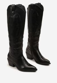 Renee - Czarne Kozaki Kowbojki na Niskim Stożku w Klasycznym Stylu Latarelle. Okazja: na imprezę, na co dzień. Nosek buta: szpiczasty. Kolor: czarny. Materiał: jeans. Wzór: aplikacja. Obcas: na stożku. Styl: klasyczny #6