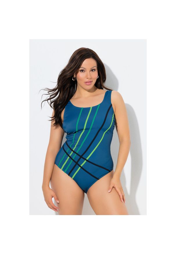 ULLA POPKEN - Damski Strój kąpielowy kolorowe wypustki bez miękkich miseczek. Kolekcja: plus size. Kolor: niebieski, zielony, wielokolorowy. Materiał: poliester, elastan, poliamid, materiał. Wzór: kolorowy