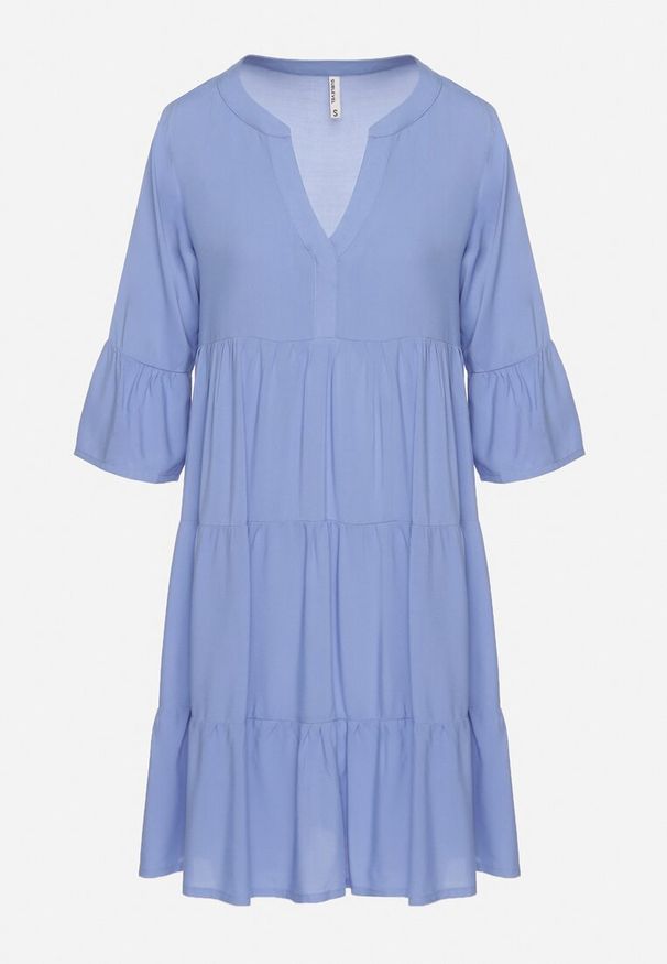 Born2be - Niebieska Rozkloszowana Sukienka z Wiskozy z Falbanami Izleia. Okazja: na co dzień. Kolor: niebieski. Materiał: wiskoza. Styl: elegancki, casual