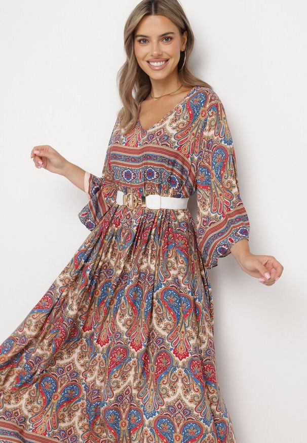 Born2be - Beżowo-Bordowa Długa Sukienka Rozkloszowana z Rękawami 3/4 we Wzór Paisley Amarethia. Kolor: beżowy. Wzór: paisley. Styl: boho. Długość: maxi