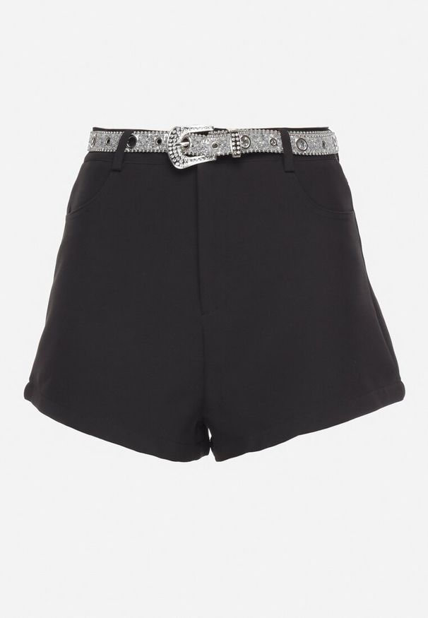Born2be - Czarne Szorty z Wysokim Stanem z Brokatowym Paskiem na Klamrę Jlinna. Okazja: na co dzień. Stan: podwyższony. Kolor: czarny. Styl: casual, elegancki, wizytowy