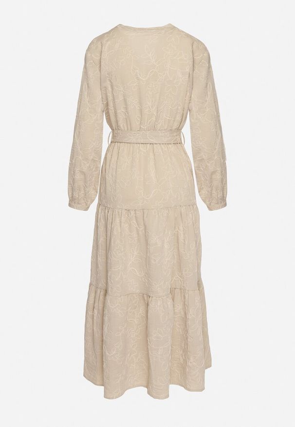 Born2be - Beżowa Rozkloszowana Sukienka z Gumką i Wiązanym Paskiem w Talii Javara. Okazja: na co dzień. Kolor: beżowy. Materiał: jeans. Typ sukienki: rozkloszowane. Styl: klasyczny, casual, elegancki