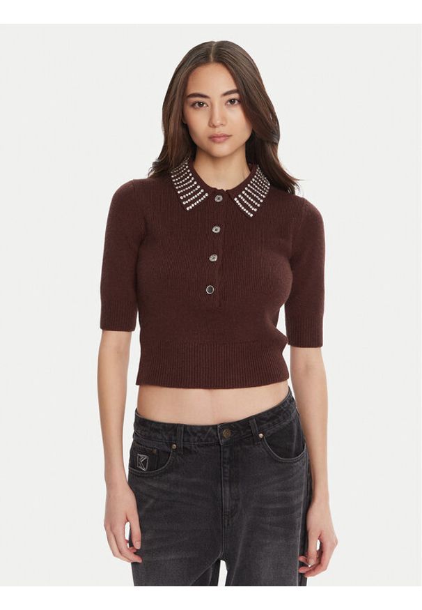Pinko - PINKO Polo Emilia 105745 A2S4 Brązowy Regular Fit. Typ kołnierza: polo. Kolor: brązowy. Materiał: syntetyk