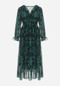 Born2be - Zielono-Czarna Maxi Sukienka z Kopertowym Dekoltem w Modny Print Ceconna. Kolor: zielony. Wzór: nadruk. Typ sukienki: kopertowe. Długość: maxi #2