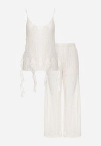 Renee - Beżowy Eteryczny Komplet z Koronką i Falbankami Top i Spodnie Wide Leg Pretilaine. Kolor: beżowy. Materiał: koronka. Wzór: koronka #7