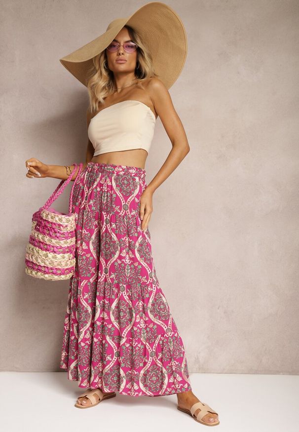 Renee - Fuksjowe Spodnie z Wiskozy z Szerokimi Nogawkami High Waist Wykończone Gumką w Talii Risettasmi. Stan: podwyższony. Kolor: różowy. Materiał: wiskoza. Sezon: lato