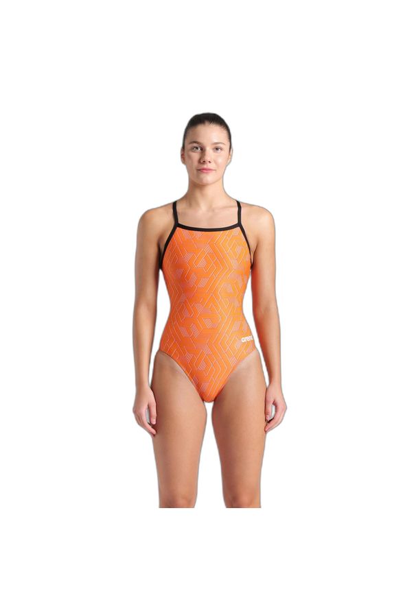 Damski kostium kąpielowy 1-częściowy Arena Escape Lightdrop. Kolor: czarny, pomarańczowy, wielokolorowy