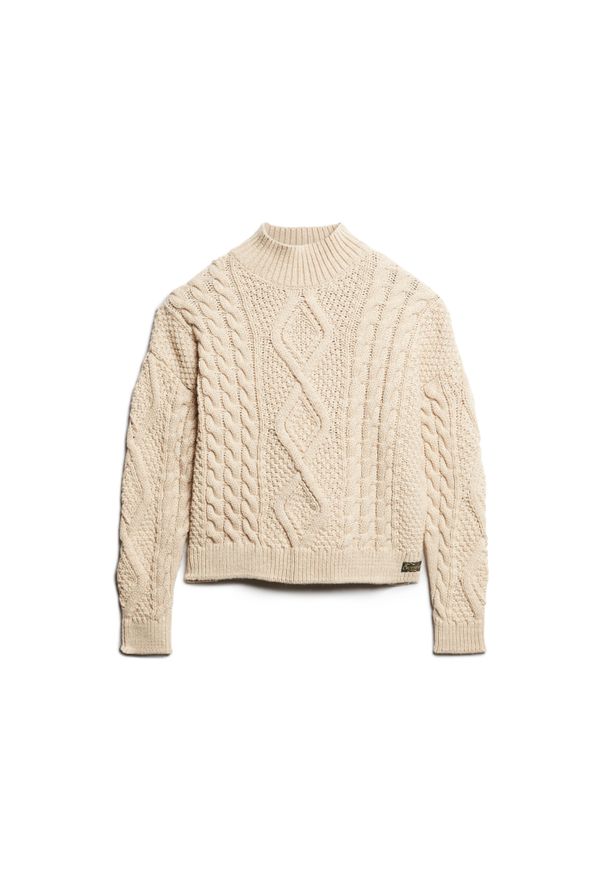 Damski sweter polo z dzianiny Superdry Aran Cable. Typ kołnierza: polo. Kolor: beżowy, biały, wielokolorowy. Materiał: dzianina. Sezon: zima