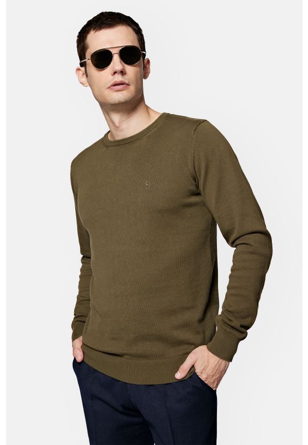 Lancerto - Sweter Oliwkowy z Bawełną Gładki Tony. Kolor: zielony. Materiał: bawełna, elastan. Wzór: gładki