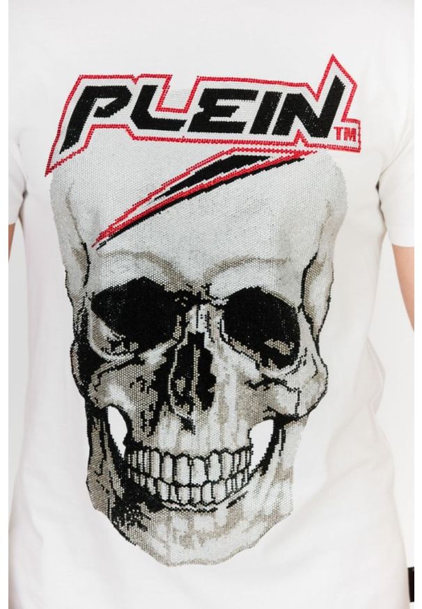 Philipp Plein - PHILIPP PLEIN Biały t-shirt męski Platinum cut round neck space plein, Rozmiar XXL. Kolor: biały. Materiał: prążkowany. Wzór: aplikacja