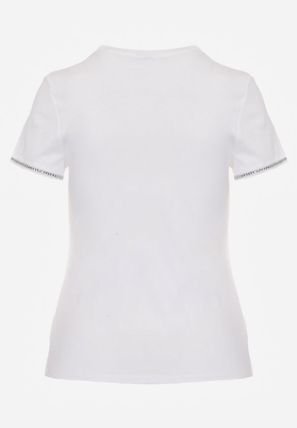 Born2be - Biały Bawełniany T-shirt z Cyrkoniami przy Rękawach Pronolea. Okazja: na co dzień. Kolor: biały. Materiał: bawełna. Wzór: aplikacja. Styl: casual, klasyczny