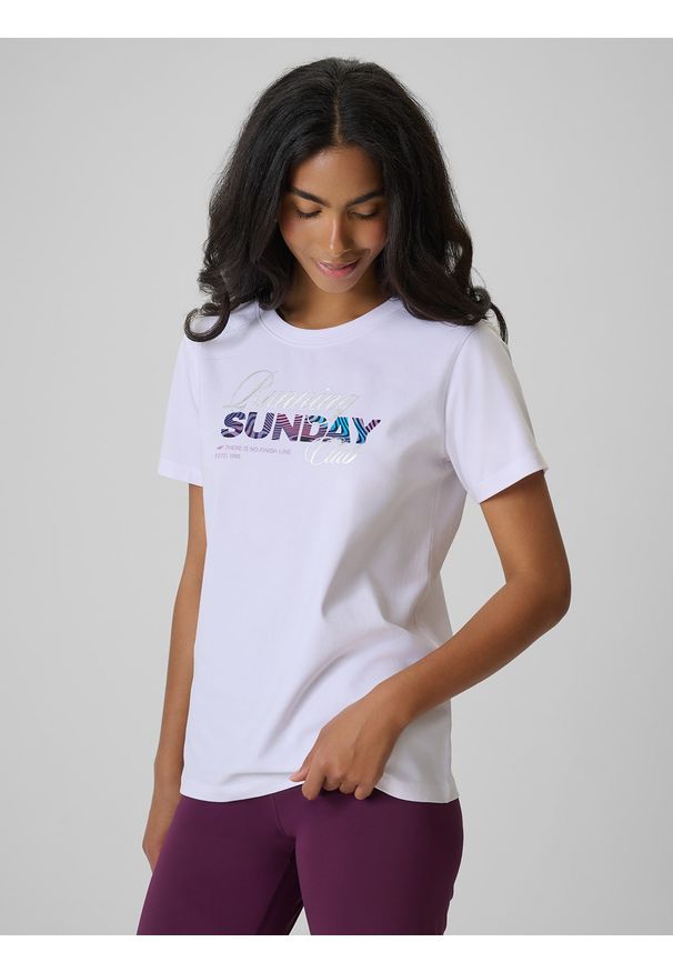 4f - 4F T-shirt regular z nadrukiem damski - biały XS. Okazja: na co dzień. Kolor: biały. Materiał: dzianina, bawełna, dresówka, jeans. Wzór: nadruk. Styl: casual, klasyczny