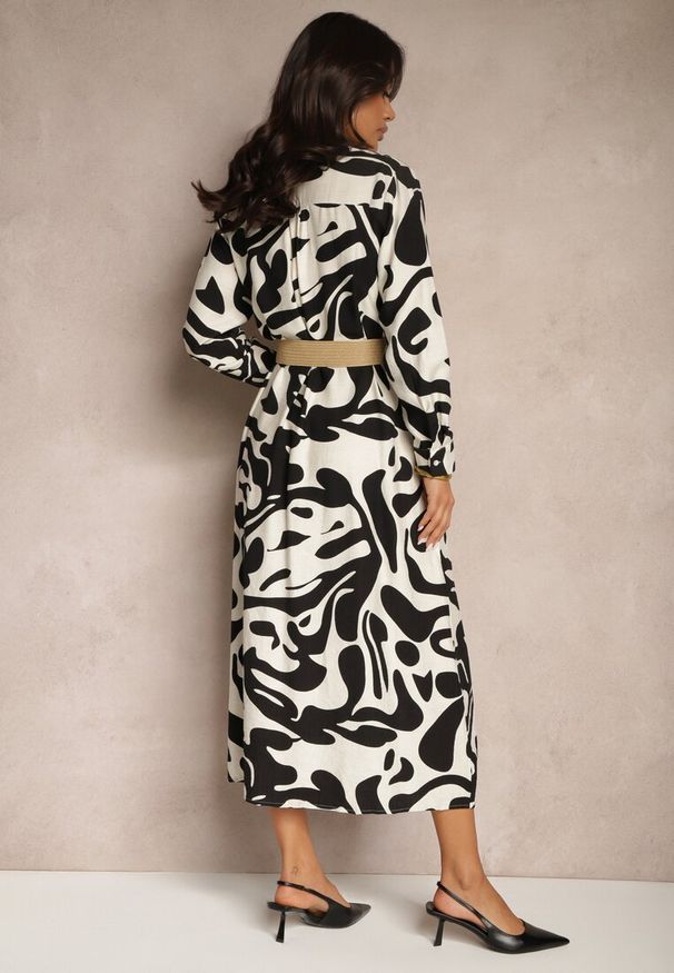 Renee - Czarna Sukienka z Wiskozą o Koszulowym Kroju z Plecionym Paskiem Faledina. Okazja: na co dzień. Kolor: czarny. Materiał: wiskoza. Długość rękawa: długi rękaw. Sezon: wiosna, lato. Typ sukienki: koszulowe. Styl: casual, klasyczny