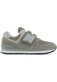 Buty New Balance PV574EVG – szare. Okazja: na co dzień. Zapięcie: rzepy. Kolor: szary. Materiał: guma, skóra, syntetyk, materiał, zamsz. Szerokość cholewki: normalna. Model: New Balance 574. Sport: turystyka piesza