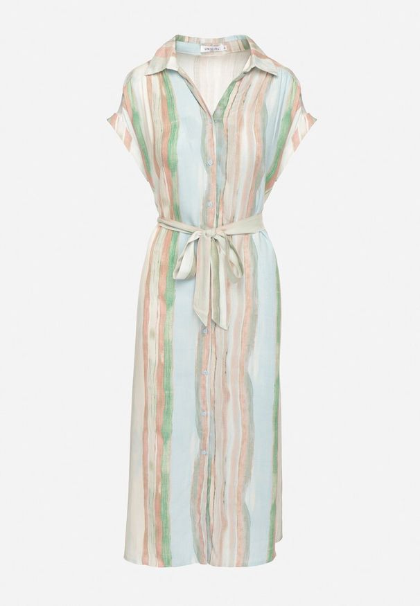 Born2be - Niebieska Sukienka z Wiskozy o Koszulowym Kroju z Wiązanym Paskiem Iffira. Okazja: na spotkanie biznesowe, na co dzień. Typ kołnierza: kołnierzyk klasyczny. Kolor: niebieski. Materiał: wiskoza. Typ sukienki: koszulowe. Styl: elegancki, casual, klasyczny, biznesowy