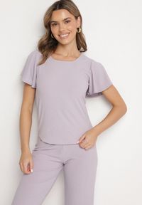 Born2be - Jasnofioletowa Bluzka Ozdobiona Szerokimi Rękawami Sunlisa. Okazja: na co dzień. Kolor: fioletowy. Materiał: jeans. Wzór: aplikacja. Styl: klasyczny, casual #7