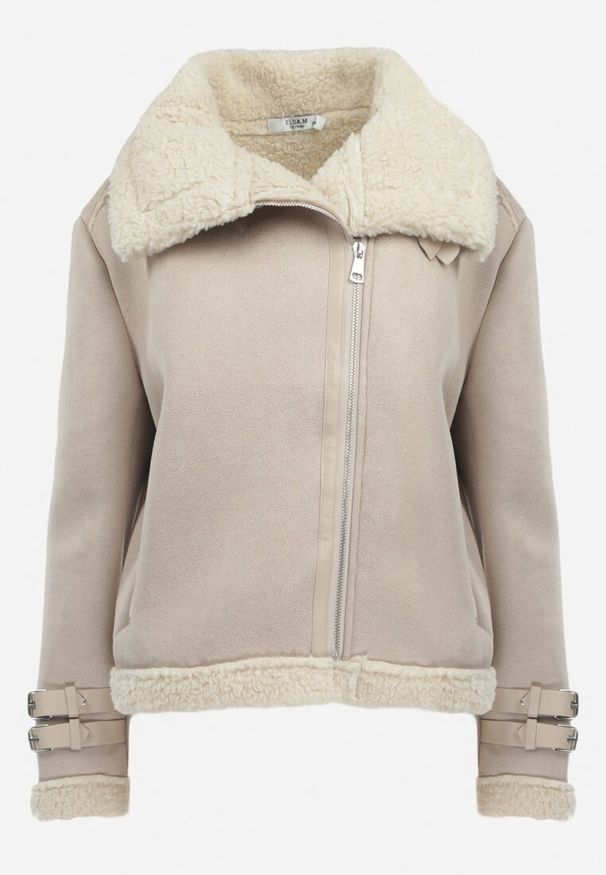 Born2be - Beżowa Kurtka Biker Ozdobiona Wstawkami z Futerka i Paskami Nonnie. Okazja: na co dzień. Kolor: beżowy. Materiał: futro. Długość rękawa: długi rękaw. Długość: długie. Wzór: aplikacja. Styl: elegancki, casual, klasyczny