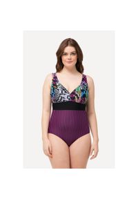 ULLA POPKEN - Damski Strój kąpielowy mieszanka wzorów miękkie miseczki. Kolekcja: plus size. Kolor: czarny. Materiał: poliester, elastan, poliamid, materiał