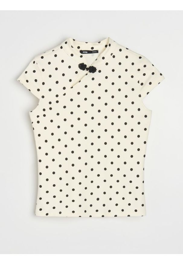 Sinsay - Bawełniana bluzka z ozdobnym rozcięciem przy dekolcie - kremowy. Kolor: kremowy. Materiał: bawełna