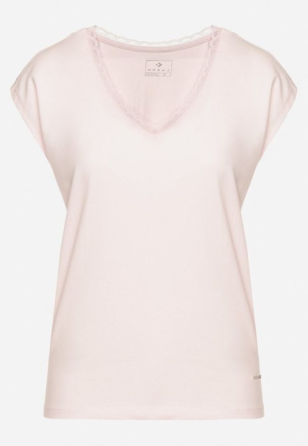 Born2be - Jasnoróżowy Bawełniany T-shirt z Koronką przy Dekolcie Ralettia. Okazja: na co dzień. Kolor: różowy. Materiał: bawełna, koronka. Wzór: koronka. Styl: casual