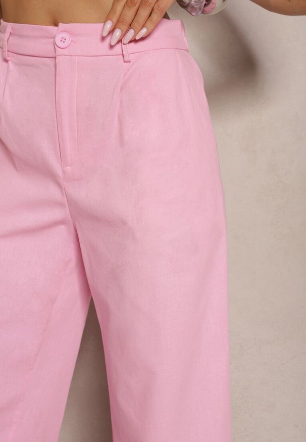 Renee - Różowe Szerokie Spodnie High Waist z Bawełny z Gumką w Talii Nalilva. Okazja: na spotkanie biznesowe, na co dzień. Stan: podwyższony. Kolor: różowy. Materiał: bawełna. Styl: biznesowy, elegancki, casual