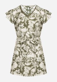 Born2be - Zielona Sukienka z Wiskozy i Lnu Pudełkowa z Wiązaniem w Talii w Abstrakcyjny Wzór Toleira. Typ kołnierza: dekolt w kształcie V. Kolor: zielony. Materiał: wiskoza, len. Długość rękawa: krótki rękaw #2