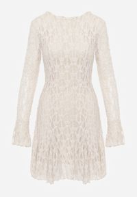 Born2be - Beżowa Sukienka Koronkowa z Rozkloszowanymi Rękawami Cinatea. Okazja: na co dzień. Typ kołnierza: kokarda. Kolor: beżowy. Materiał: koronka. Typ sukienki: proste. Styl: casual #2