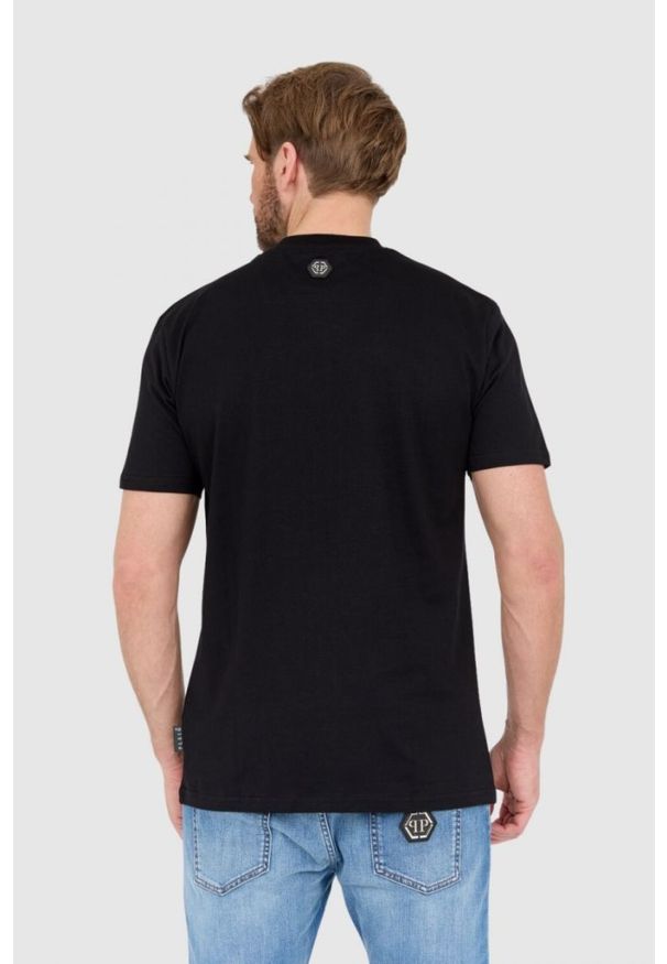 Philipp Plein - PHILIPP PLEIN Czarny męski t-shirt zdobiony dżetami z czaszką i logo, Rozmiar M. Kolor: czarny. Wzór: aplikacja