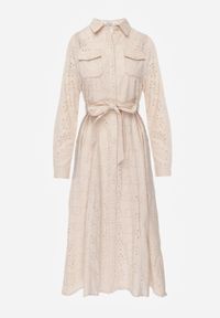 Born2be - Beżowa Bawełniana Sukienka z Ażurowym Wzorem i Paskiem Noviellea. Okazja: na co dzień. Kolor: beżowy. Materiał: bawełna. Wzór: ażurowy. Styl: casual, elegancki, klasyczny #6