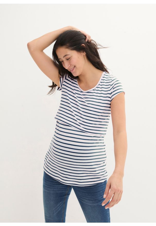 bonprix - Shirt ciążowy i do karmienia, z bawełny. Kolekcja: moda ciążowa. Kolor: niebieski. Materiał: bawełna. Wzór: paski. Styl: klasyczny