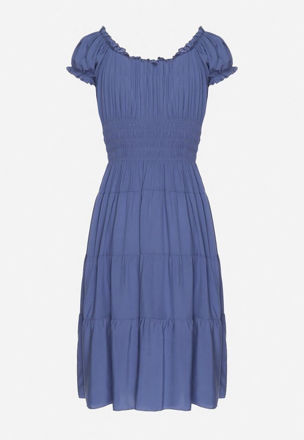 Born2be - Granatowa Bawełniana Rozkloszowana Sukienka z Guzikami i Bufiastymi Rękawami Annivi. Okazja: na co dzień. Kolor: niebieski. Materiał: bawełna. Styl: casual, klasyczny, elegancki