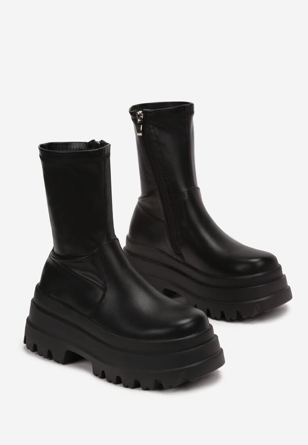 Born2be - Czarne Botki na Masywnej Platformie Workery Elrora. Okazja: na co dzień. Kolor: czarny. Materiał: skóra. Wzór: jednolity. Obcas: na platformie. Styl: casual, elegancki, klasyczny