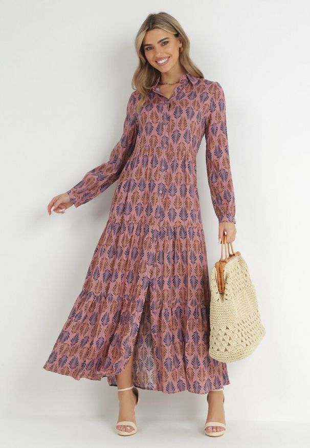 Born2be - Ciemnoróżowa Sukienka Hypsamna. Kolor: różowy. Materiał: skóra, bawełna. Długość rękawa: długi rękaw. Wzór: nadruk, aplikacja. Typ sukienki: koszulowe, szmizjerki. Długość: maxi