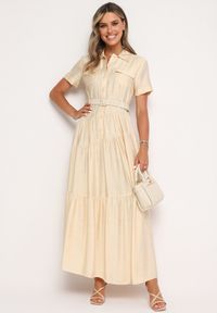 Born2be - Beżowa Sukienka Koszulowa o Rozkloszowanym Kroju z Paskiem w Talii Vimorise. Typ kołnierza: dekolt w kształcie V. Kolor: beżowy. Typ sukienki: koszulowe. Styl: elegancki #1