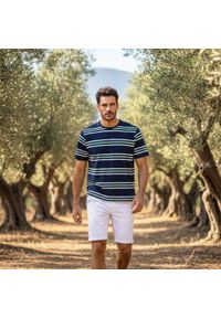 Bawełniana Koszulka Polo w Paski - Pako Jeans - Granatowa. Okazja: na co dzień. Typ kołnierza: polo. Kolor: niebieski. Materiał: bawełna. Wzór: prążki, paski. Styl: casual #2