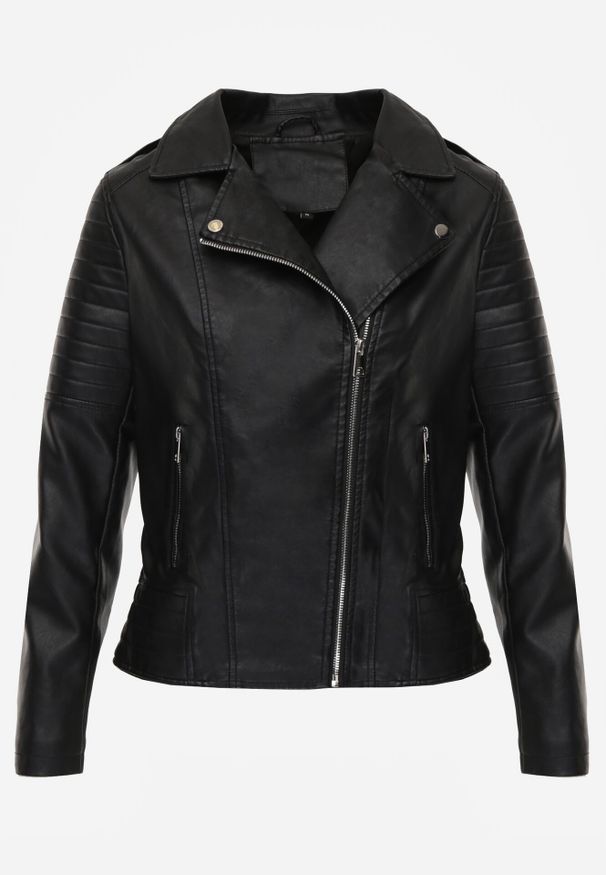 Born2be - Czarna Klasyczna Kurtka Ramoneska w Motocyklowym Stylu Kelmi. Okazja: na co dzień. Kolor: czarny. Materiał: poliester, skóra, jeans. Styl: klasyczny