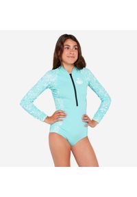 Kostium kąpielowy jednoczęściowy dla dzieci Decathlon 500 Lucy długi rękaw. Kolor: niebieski, zielony, biały, wielokolorowy. Materiał: poliester, elastan, materiał #1