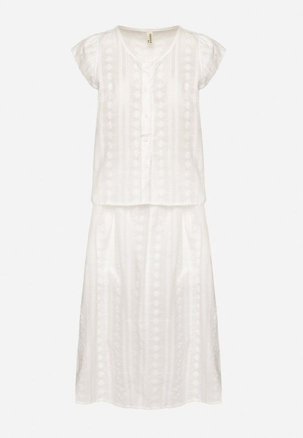 Born2be - Biały Komplet Haftowany z Bawełny Koszula z Guziczkami i Spódnica z Gumką w Pasie Efrionea. Kolor: biały. Materiał: bawełna. Wzór: haft