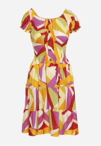 Born2be - Żółto-Fioletowa Rozkloszowana Wiskozowa Sukienka z Ozdobnymi Guzikami i Gumką w Talii Moonweia. Okazja: na spacer, do pracy, na co dzień. Kolor: żółty. Materiał: wiskoza. Typ sukienki: proste. Styl: casual #4