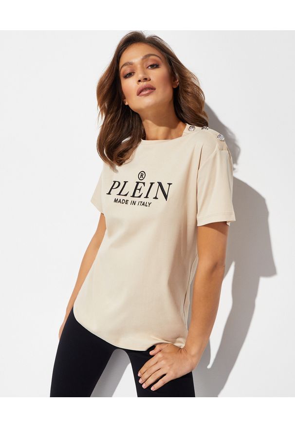 Philipp Plein - PHILIPP PLEIN - Beżowy t-shirt Iconic z biżuteryjnymi guzikami. Kolor: beżowy. Wzór: haft. Styl: klasyczny, elegancki