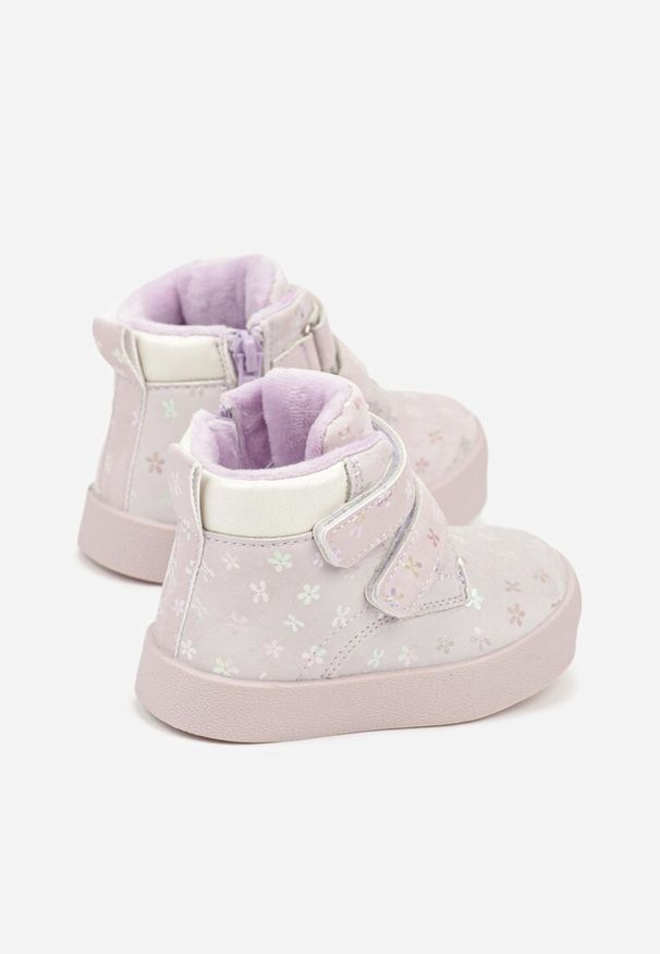 Born2be - Fioletowe Ocieplone Botki na Rzepy z Błyszczącymi Kwiatkami Atisae. Okazja: na co dzień. Zapięcie: rzepy. Kolor: fioletowy. Materiał: jeans. Wzór: kwiaty. Styl: casual