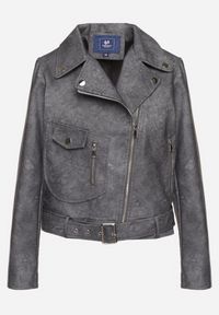 Born2be - Szara Kurtka Ramoneska z Kieszeniami i Paskiem z Klamrą Polvila. Okazja: na co dzień. Kolor: szary. Materiał: jeans. Długość rękawa: długi rękaw. Długość: długie. Styl: klasyczny, casual, rockowy, elegancki #6